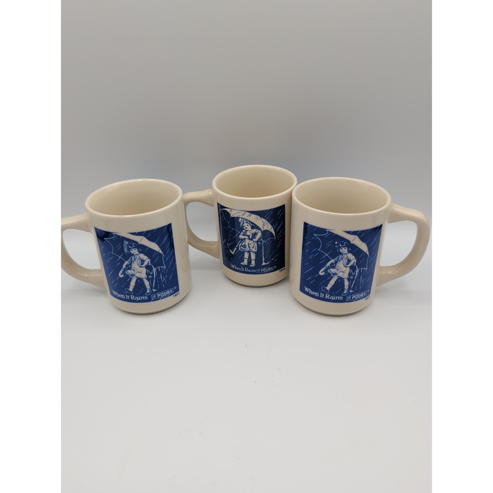 Set of 3 Morton Salt Coffee Mugs Girl Umbrella When It Rains It Pours Japan